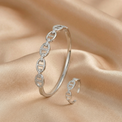 Elegant Crystal Link Bangle & Ring Set in Gold & Silver | Modern Open Cuff Bracelet with Matching Adjustable Ring