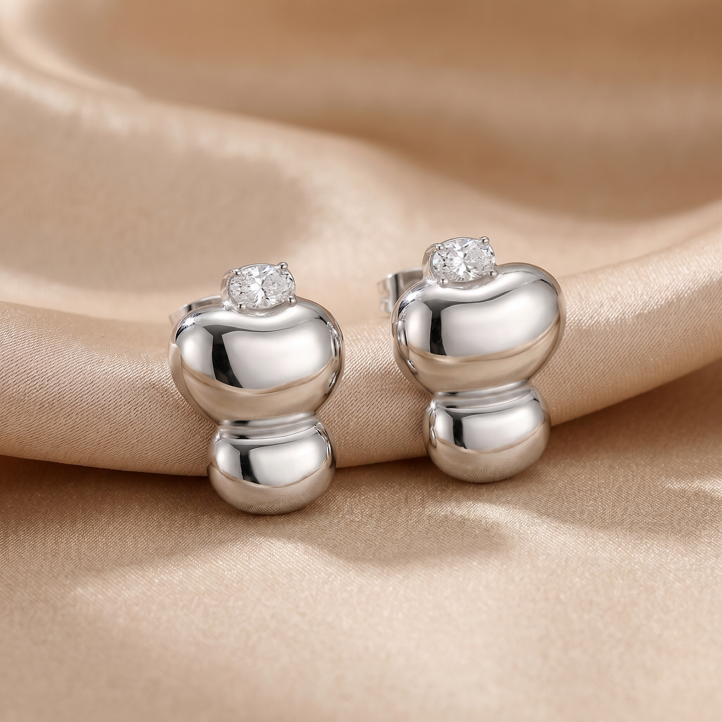 Heart Stud Earrings with Crystal Accent in Gold & Silver | Modern Sculpted Design