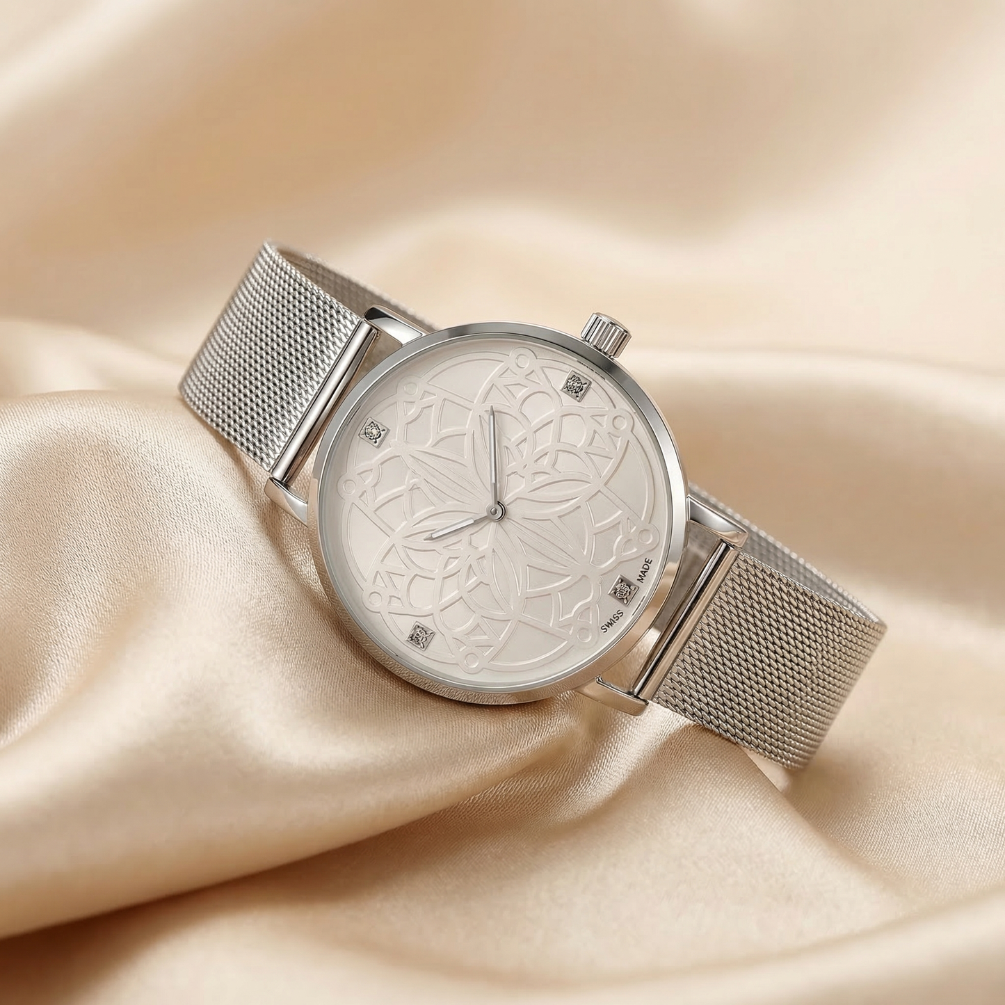 Luxury Floral Engraved Mesh Watch in Silver & Rose Gold | Elegant Minimalist Dial Timepiece with Magnetic Strap