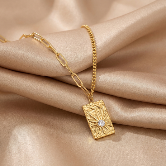 Luxury Sunburst Pendant Necklace in Gold | Elegant Textured Statement Chain Necklace