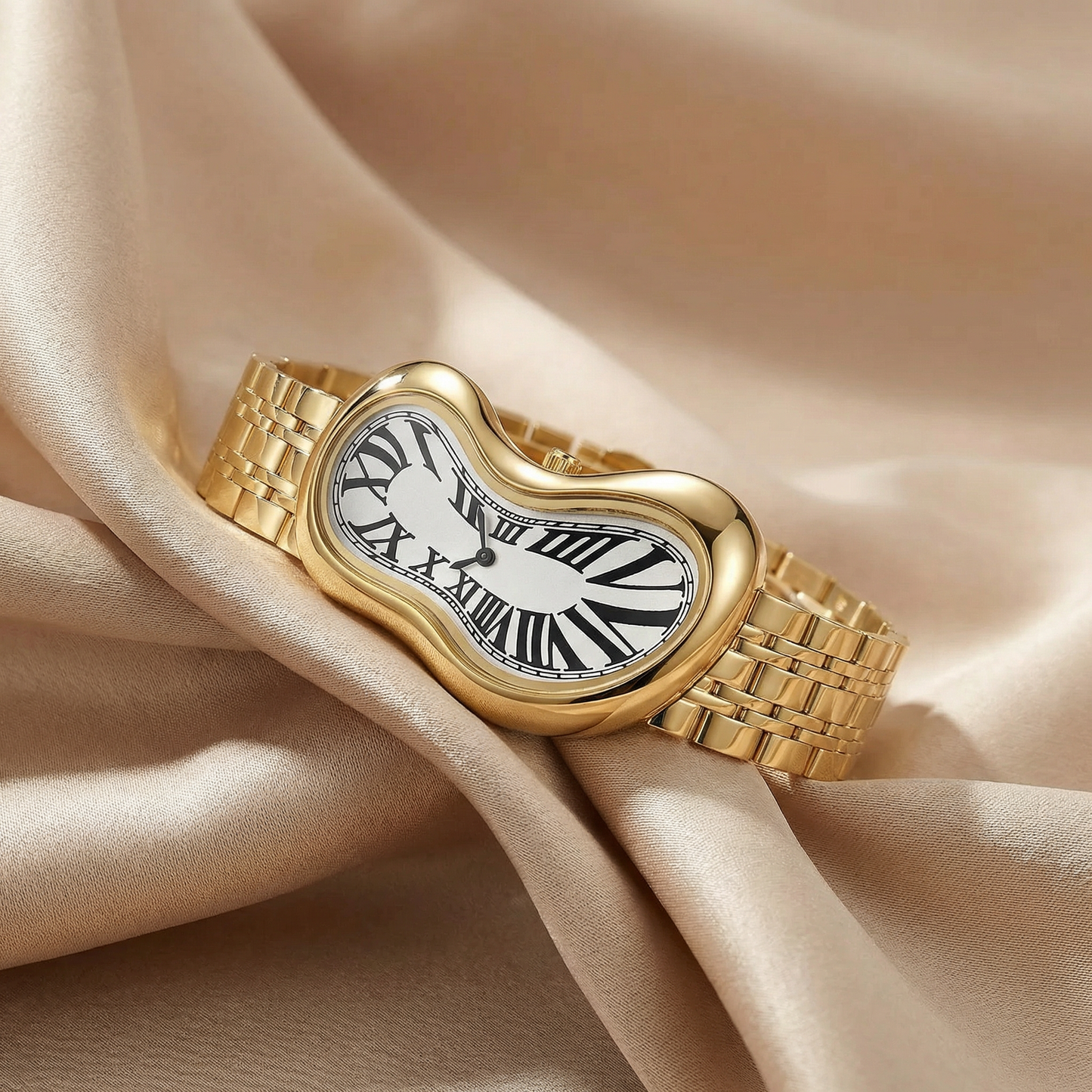 Luxury Melted Shape Bracelet Watch in Gold & Silver | Artistic Stainless Steel Quartz Watch with Roman Dial