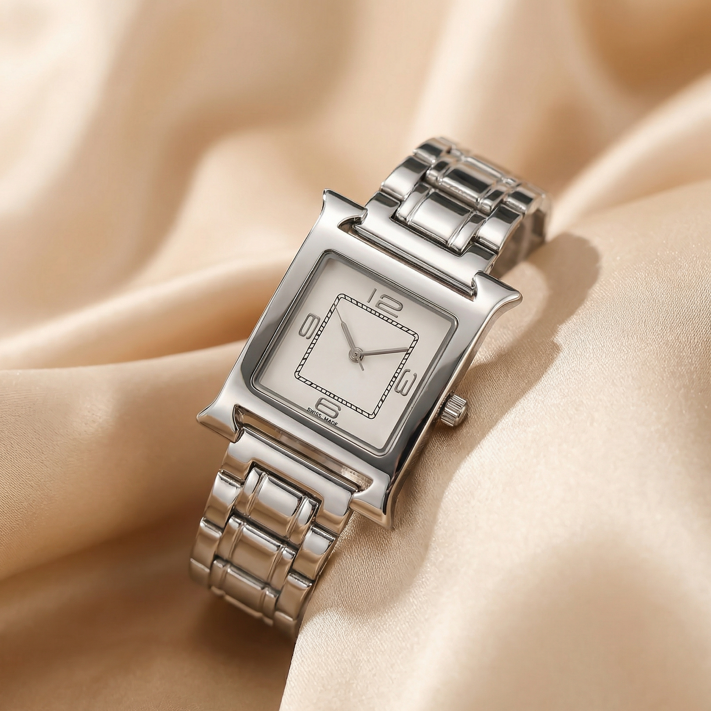 Luxury Square Silver Bracelet Watch with Minimal Dial | Elegant Polished Statement Timepiece in Black & White