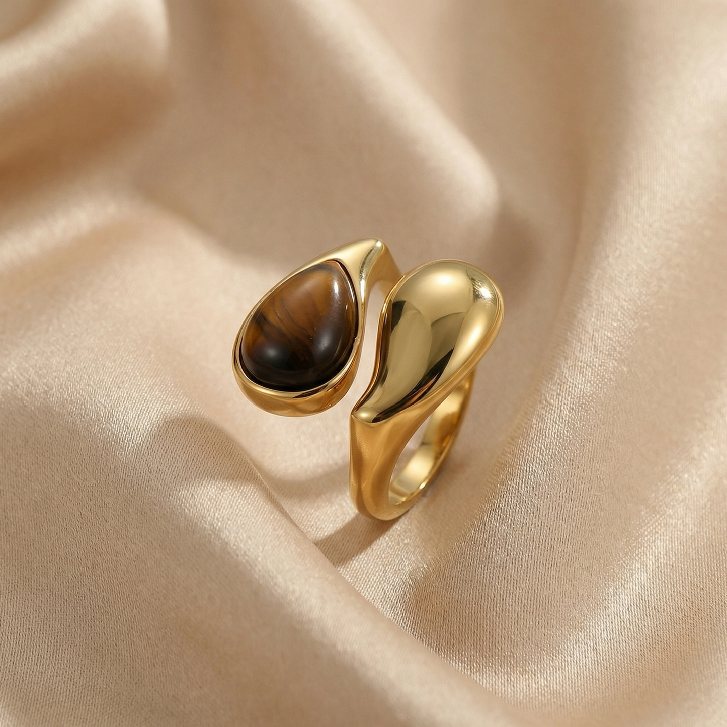 Luxury Sculptural Gold Open Ring with Natural Stone Accent | Modern Organic Statement Ring in Brown Stone or Pearl