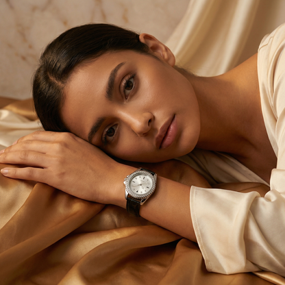 Crystal Bezel Watch with Colored Dial and Croc-Texture Strap | Elegant Silver Case Timepiece