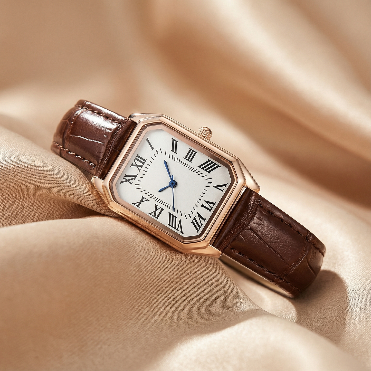 Rose Gold Rectangular Watch for Women | Leather Strap Timepiece | Green Black Red Brown Options | Timeless Elegant Accessory