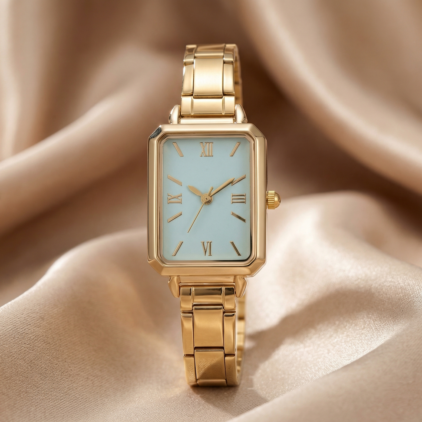 Gold Pink Blue Rectangular Stainless Steel Watch for Women | Elegant Roman Dial Timepiece | Minimal Everyday Watch
