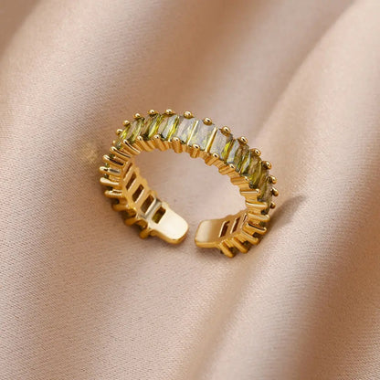 Gold Adjustable Baguette Ring | Stainless Steel Open Band | Women’s Sparkling Fashion Ring | One Size Fits All