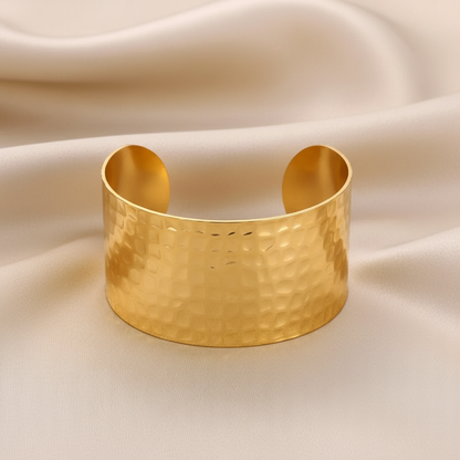 Gold Hammered Cuff Bracelet | Stainless Steel Wide Statement Bangle | Modern Women’s Fashion Jewellery